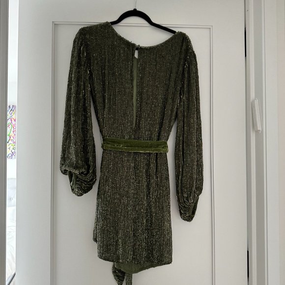 Retrofete Grace Mini Dress Small Army Green Sequins Self-tie Belt Back Keyhole - Picture 7 of 12